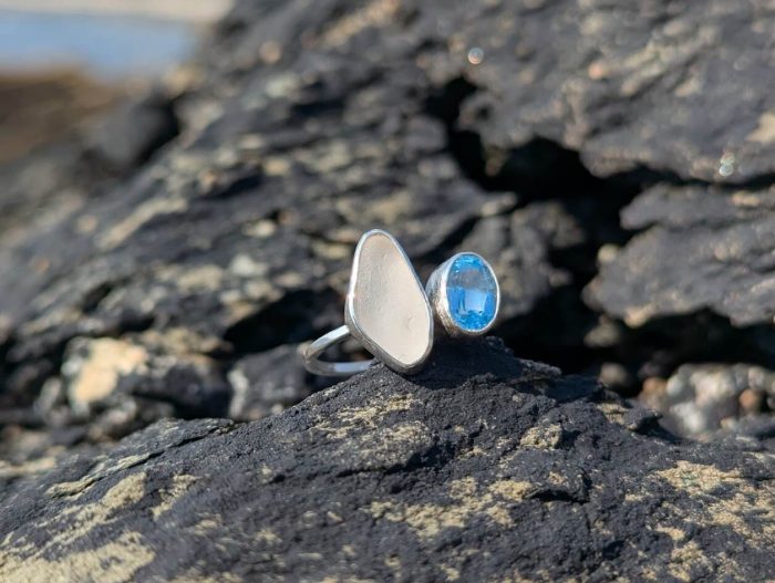 Sea Glass White & Blue Topaz 925 Sterling Silver Ring • Size P - Image 2
