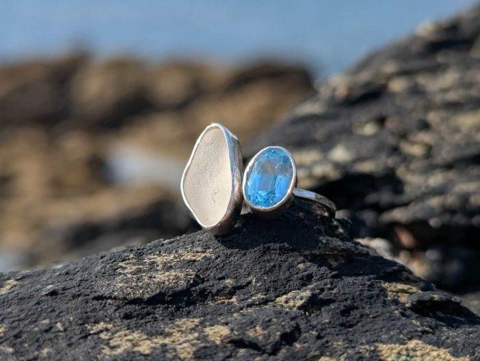 Sea Glass White & Blue Topaz 925 Sterling Silver Ring • Size P - Image 3