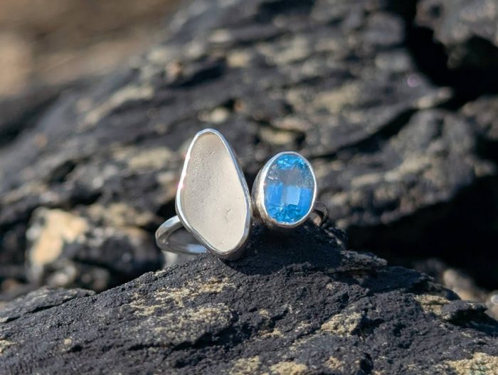 Sea Glass White & Blue Topaz 925 Sterling Silver Ring • Size P - Image 4
