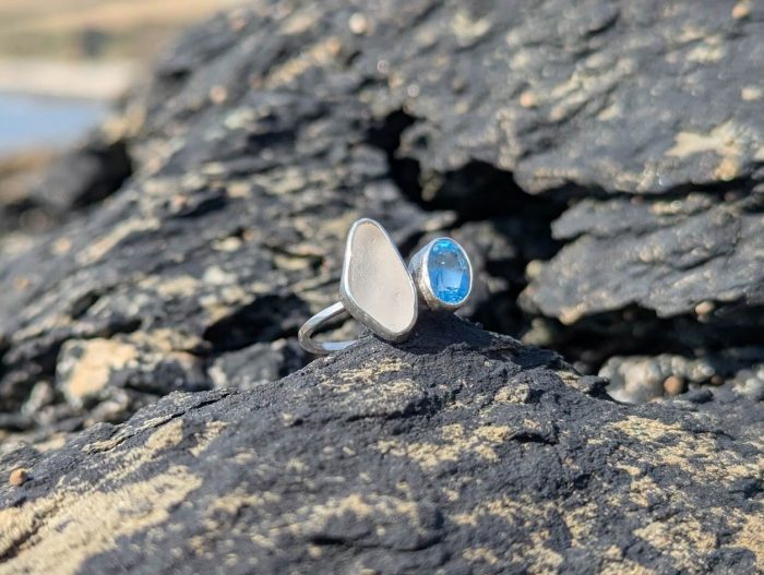 Sea Glass White & Blue Topaz 925 Sterling Silver Ring • Size P - Image 5