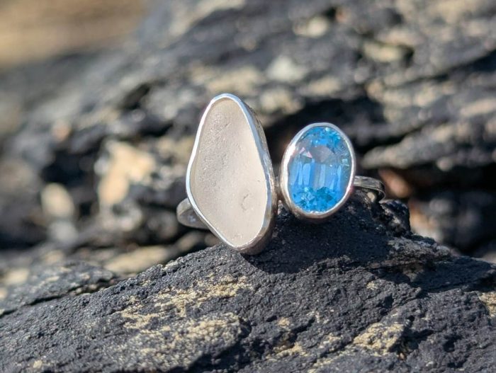 Sea Glass White & Blue Topaz 925 Sterling Silver Ring • Size P - Image 6
