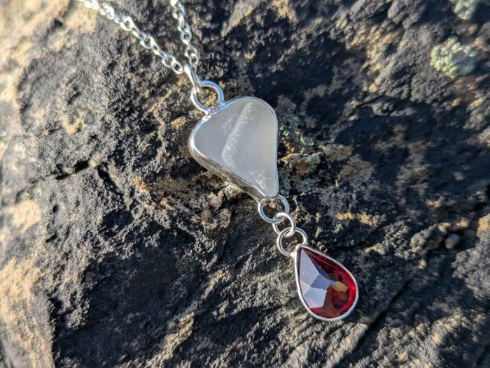 White Sea Glass Necklace with Teardrop Garnet - Image 2
