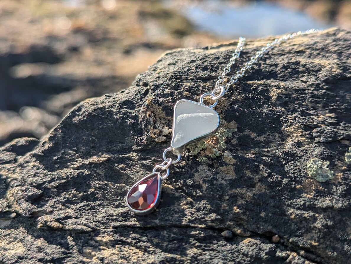White Sea Glass Necklace with Teardrop Garnet - Image 3