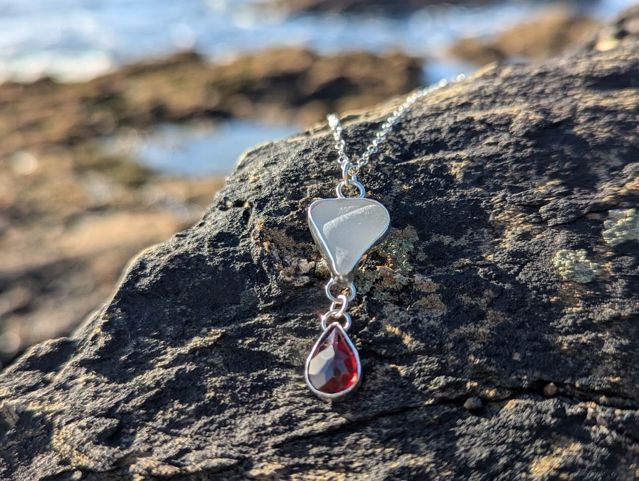 White Sea Glass Necklace with Teardrop Garnet - Image 4