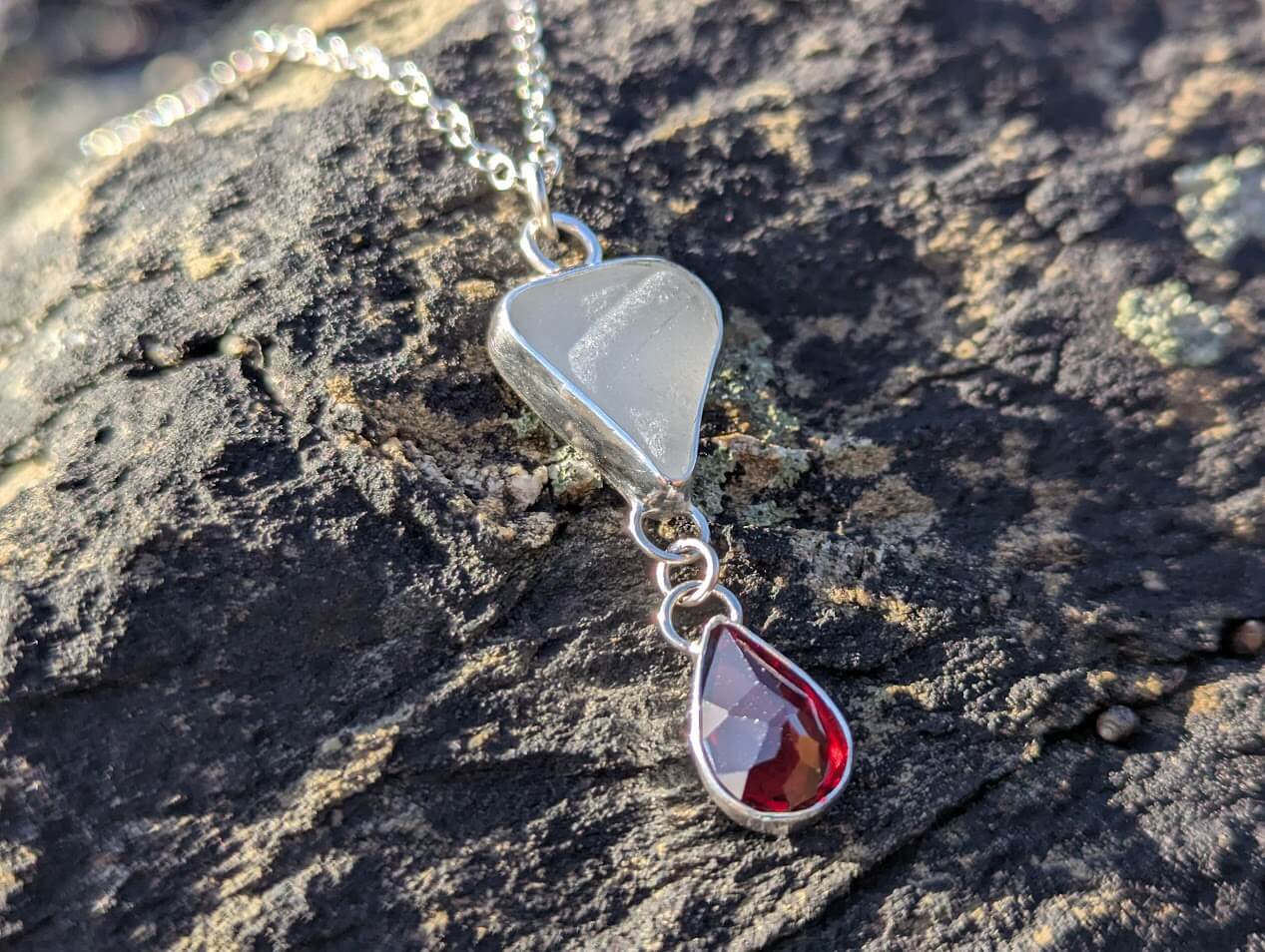 White Sea Glass Necklace with Teardrop Garnet - Image 5