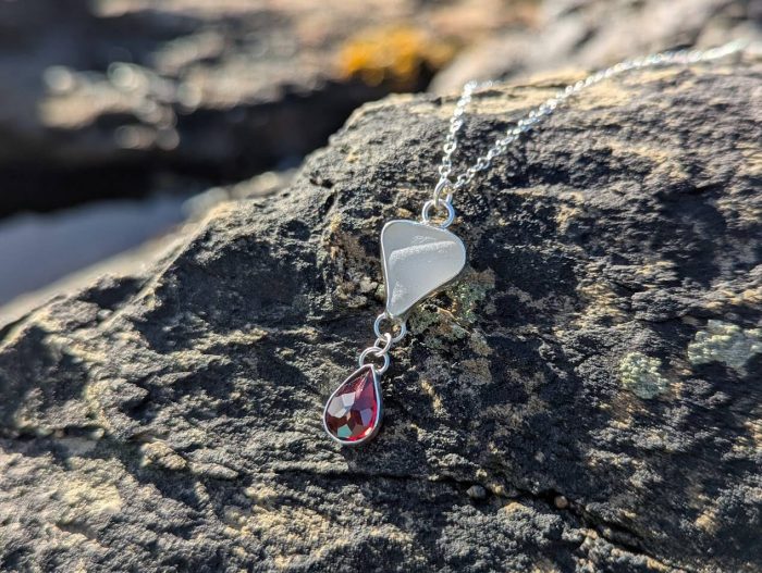 White Sea Glass Necklace with Teardrop Garnet - Image 6