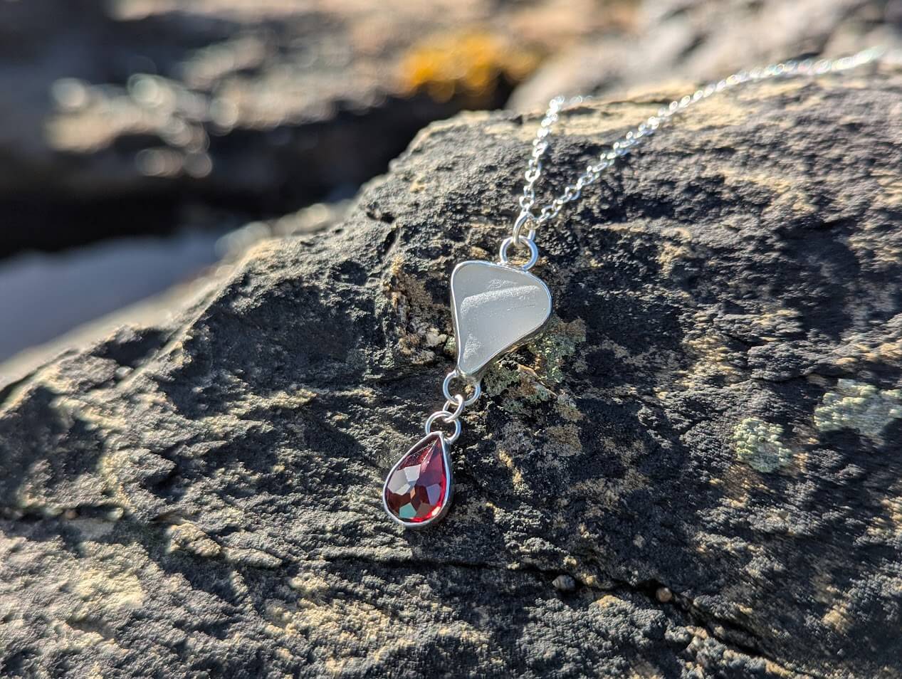White Sea Glass Necklace with Teardrop Garnet - Image 6