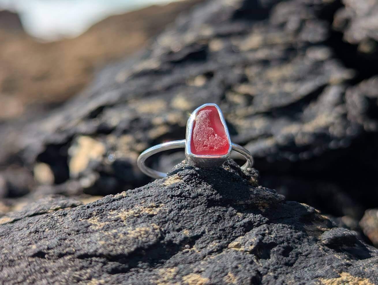 Pink Sea Glass 925 Sterling Silver Ring • Size O - Image 3