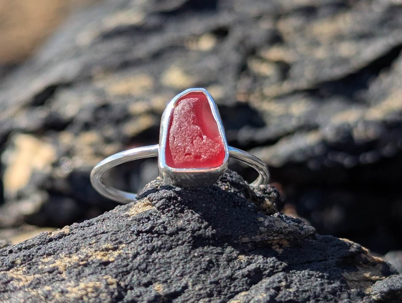 Pink Sea Glass 925 Sterling Silver Ring • Size O - Image 6