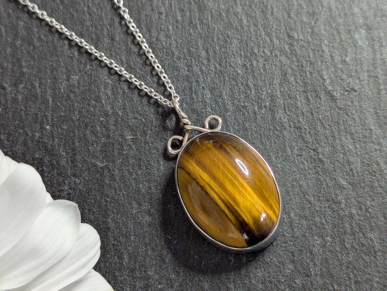 Tigers Eye Pendant Vintage 925 Sterling Silver 1