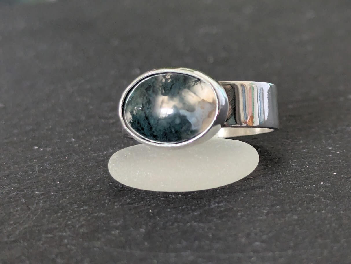 Silver Moss Agate Ring 925 Sterling Silver • Size T - Image 2