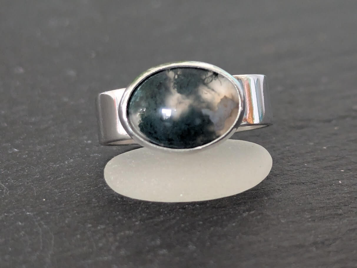 Silver Moss Agate Ring 925 Sterling Silver • Size T