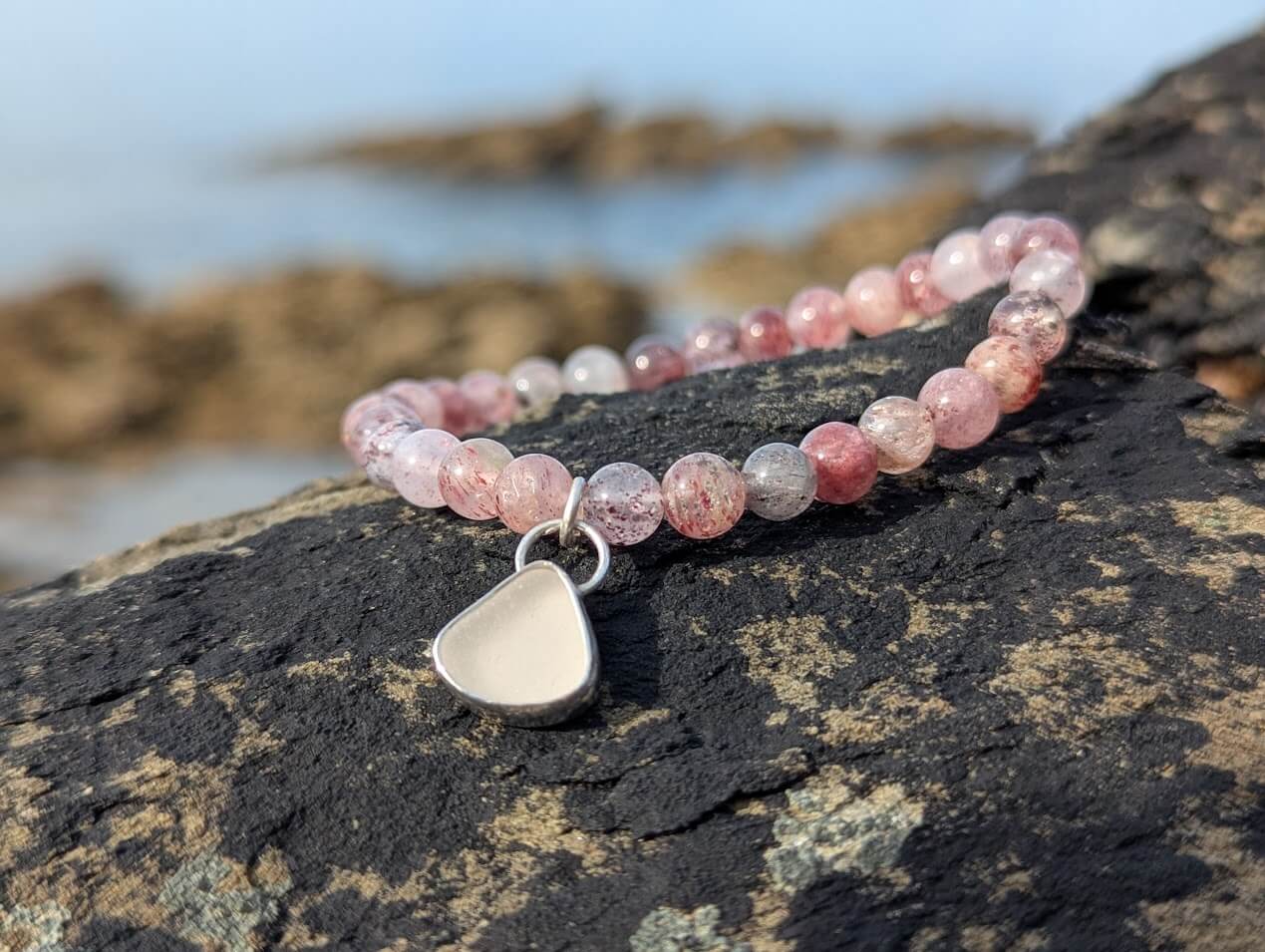 Strawberry Quartz Bracelet with Sea Glass Charm 1
