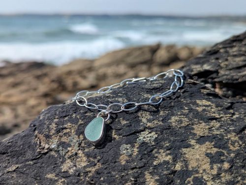 Sterling Silver Sea Glass Bracelet with Seafoam Sea Glass Charm 1