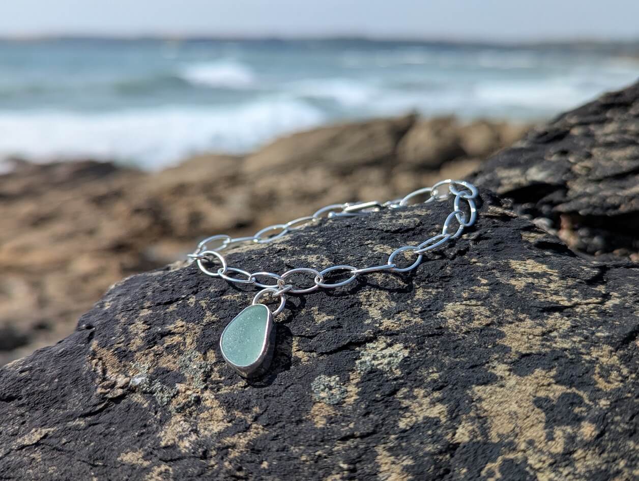 Sterling Silver Sea Glass Bracelet with Seafoam Sea Glass Charm 1