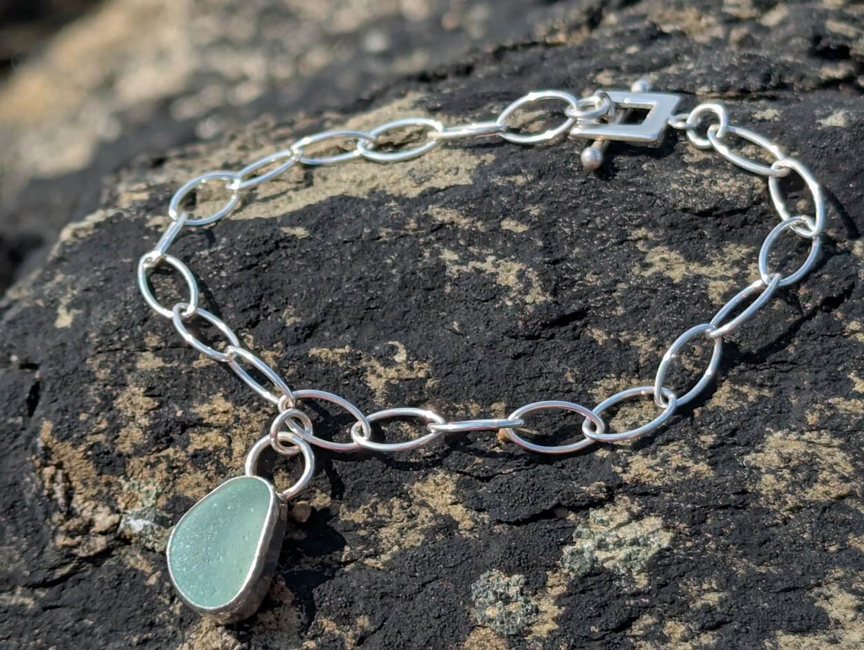Sterling Silver Sea Glass Bracelet with Seafoam Sea Glass Charm 2