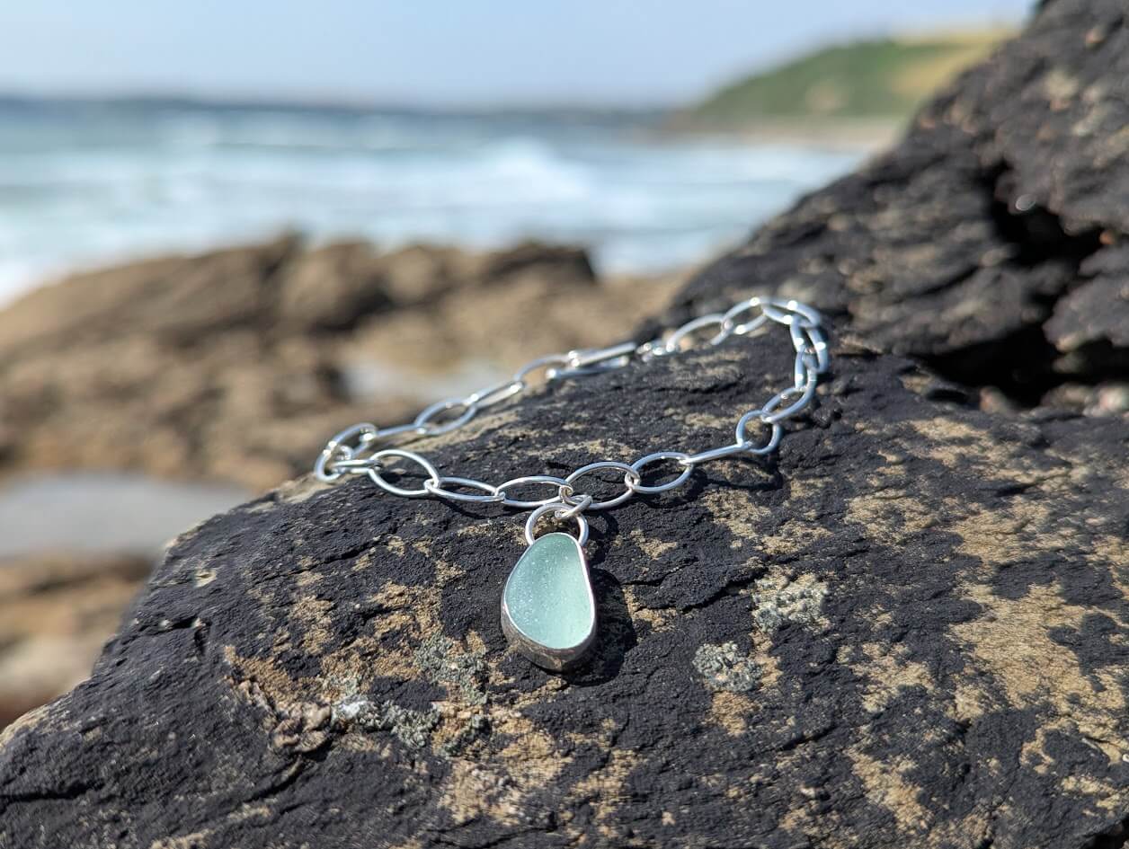 Sterling Silver Sea Glass Bracelet with Seafoam Sea Glass Charm 3