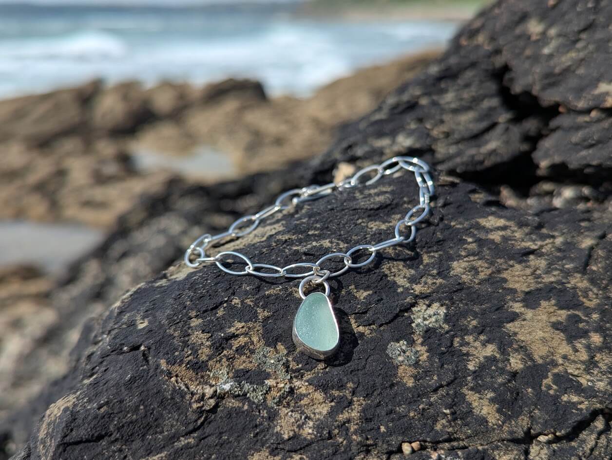 Sterling Silver Sea Glass Bracelet with Seafoam Sea Glass Charm 6