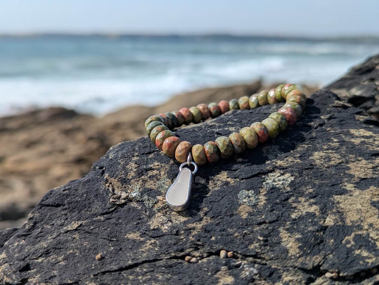 Unakite Gemstone Bracelet with Sea Glass Charm 1