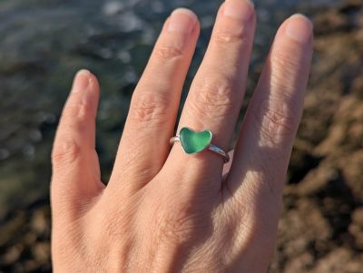 Sea Glass Heart finished sterling silver ring