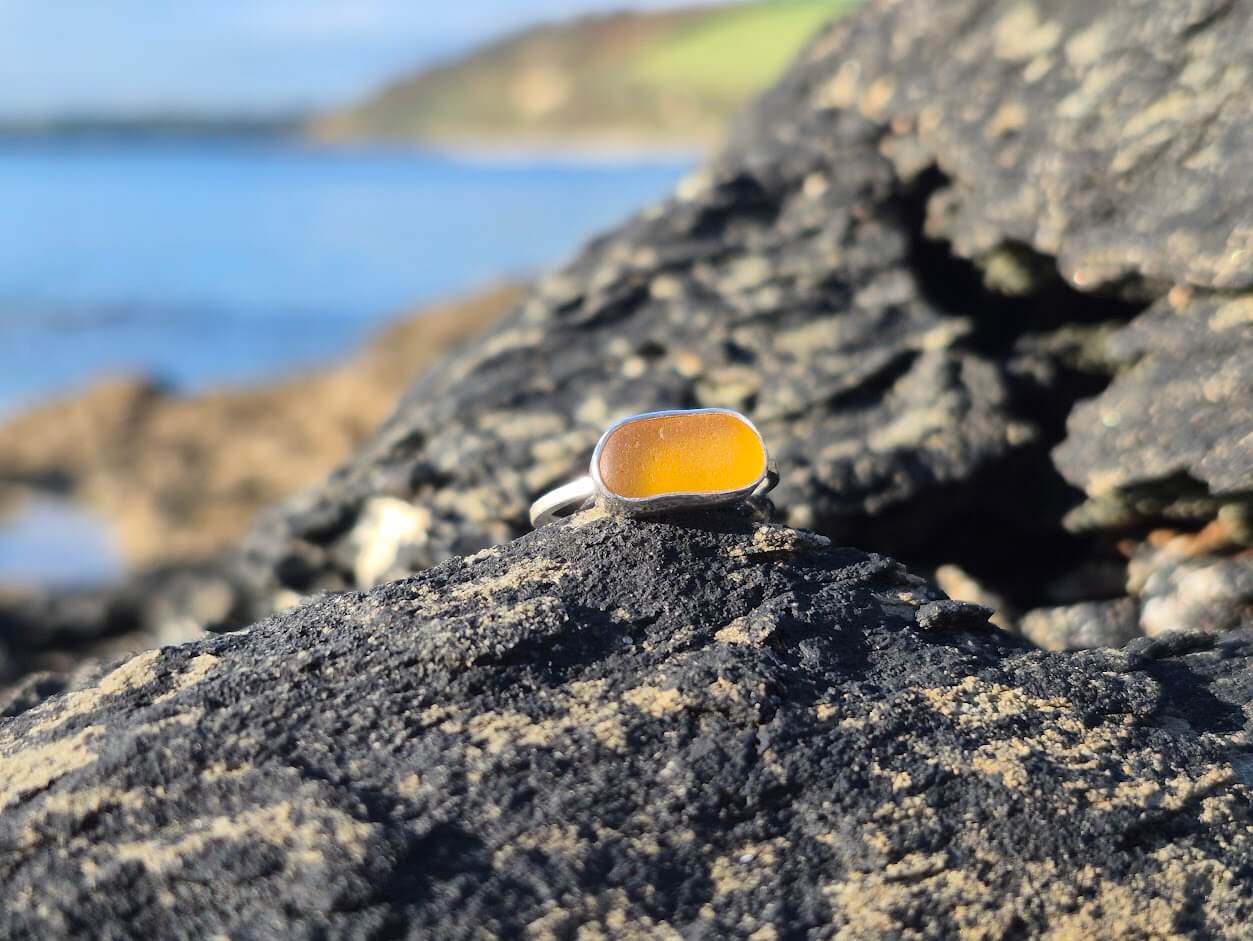 Orange Sea Glass Ring • Size M - Image 3